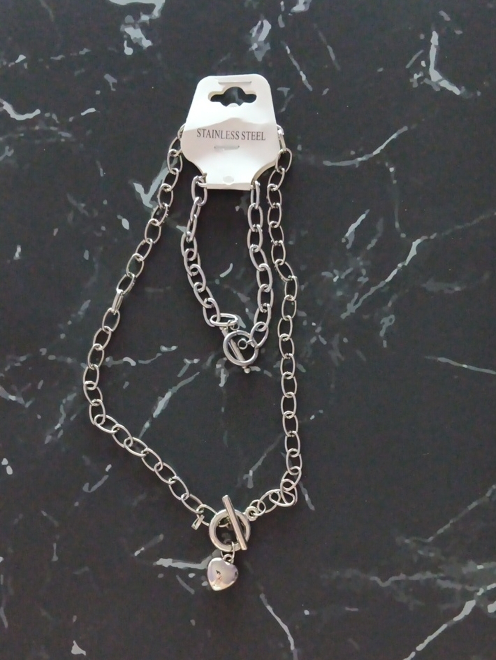 Stainless Steel Silver Heart Toggle Choker Chain Necklace Bracelet Set New!
